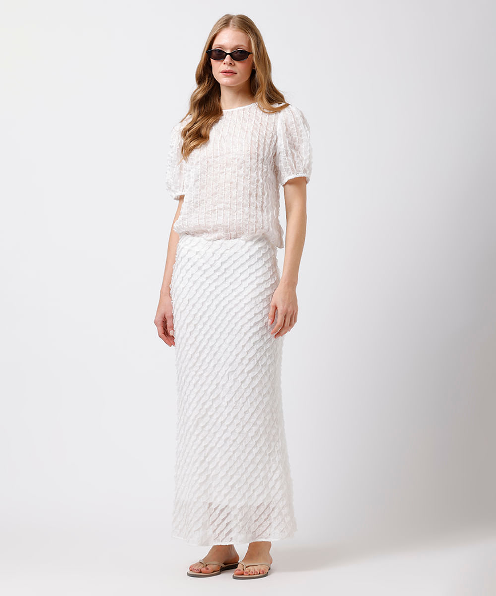blusa feminina manga bufante com babados mindset off white