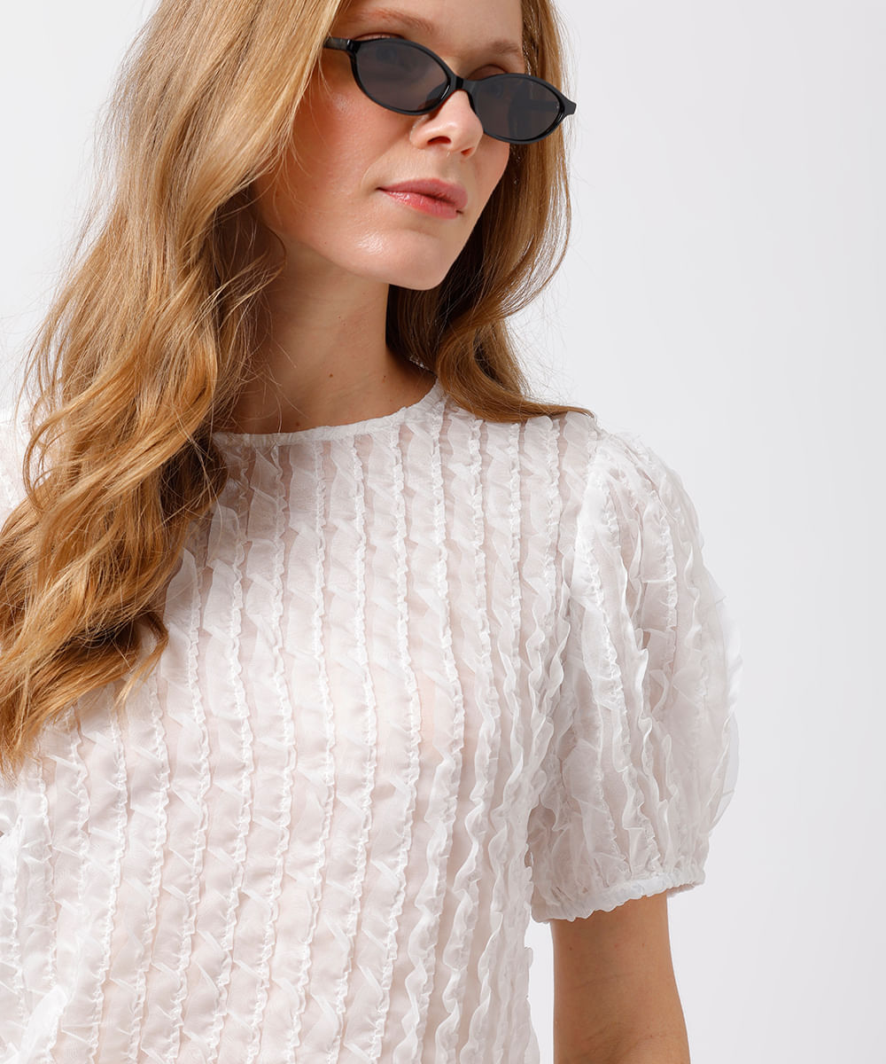 blusa feminina manga bufante com babados mindset off white