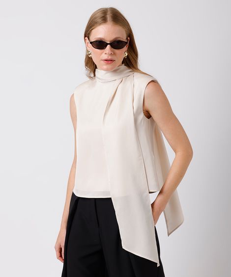 blusa feminina acetinada com lenço mindset bege