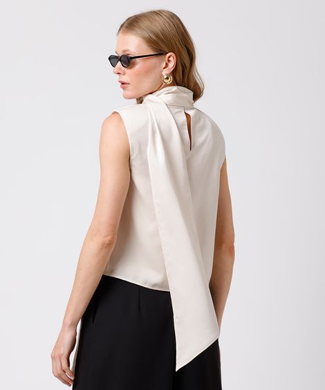 blusa feminina acetinada com lenço mindset bege