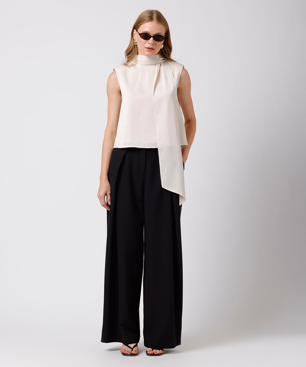 blusa feminina acetinada com lenço mindset bege