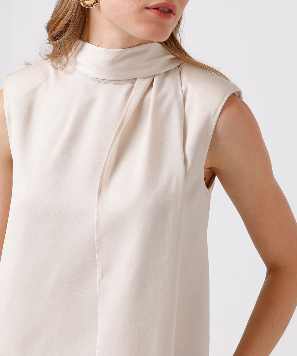 blusa feminina acetinada com lenço mindset bege