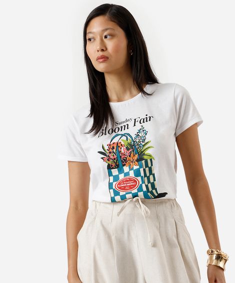 camiseta feminina de algodão floral off white