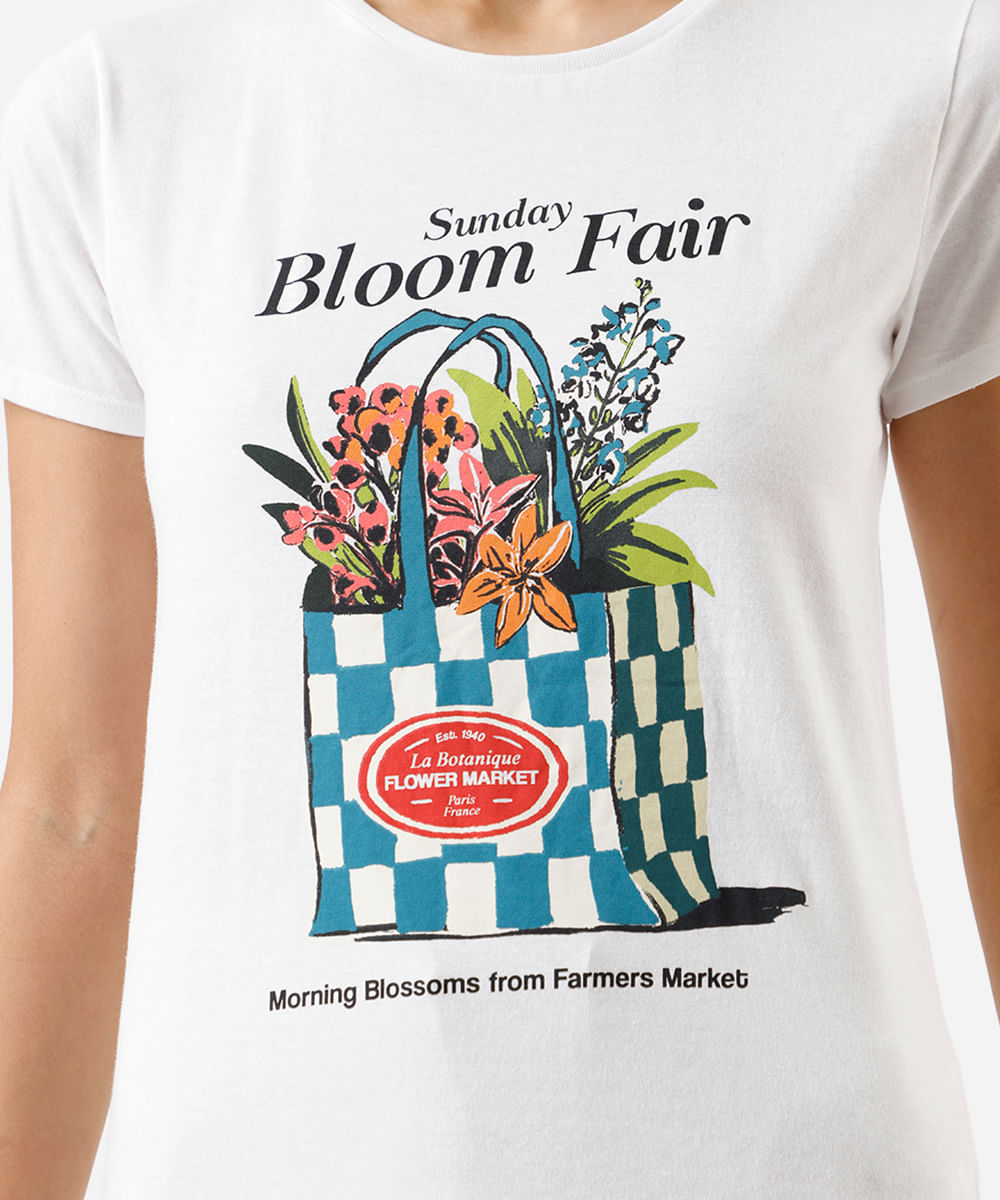 camiseta feminina de algodão floral off white
