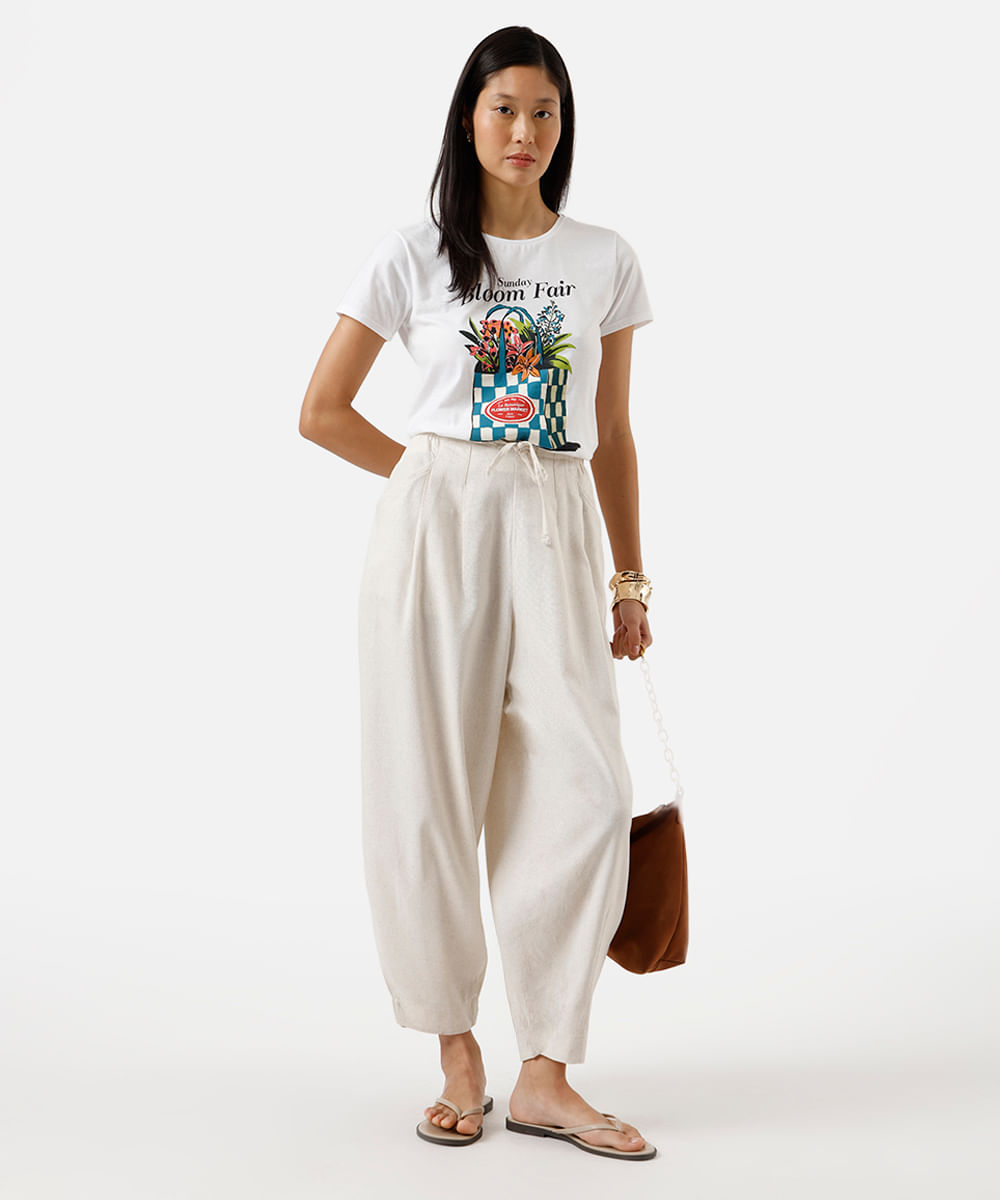 camiseta feminina de algodão floral off white