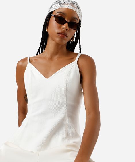 blusa peplum feminina alça fina de sarja off white
