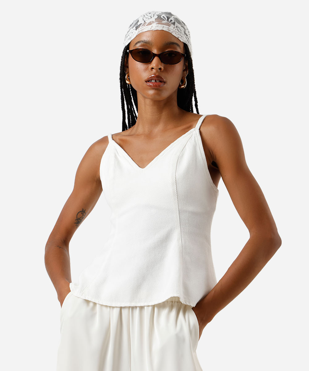 blusa peplum feminina alça fina de sarja off white
