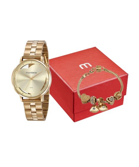 kit relógio feminino mondaine analógico 53748lpmkde1k1 dourado