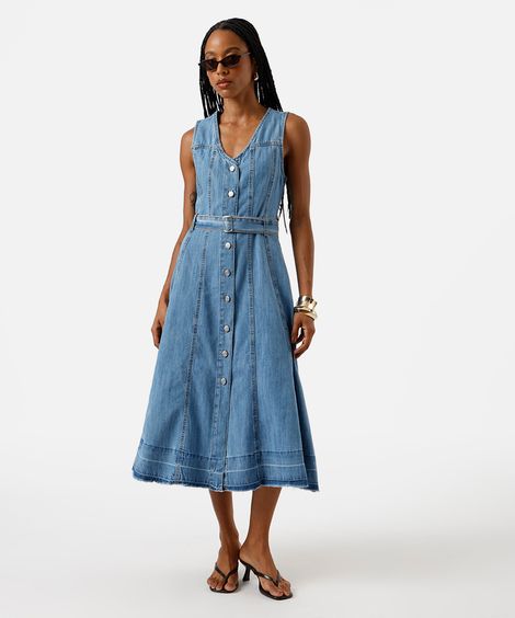 vestido midi feminino jeans com recortes e cinto azul