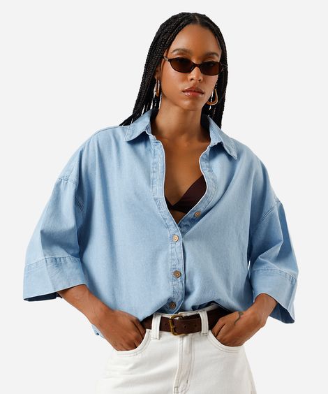 camisa feminina jeans oversized azul