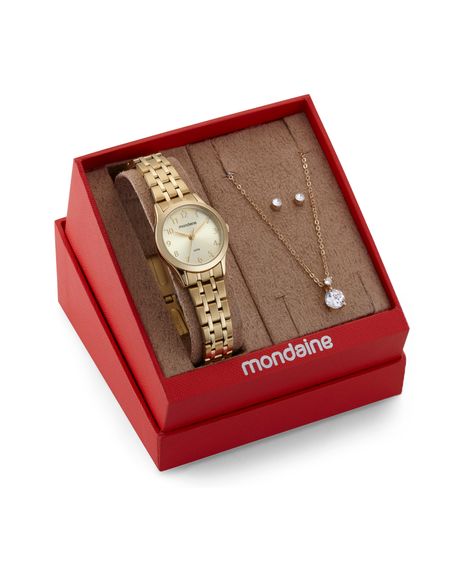 kit relógio feminino mondaine analógico 32608lpmkde1k1 dourado