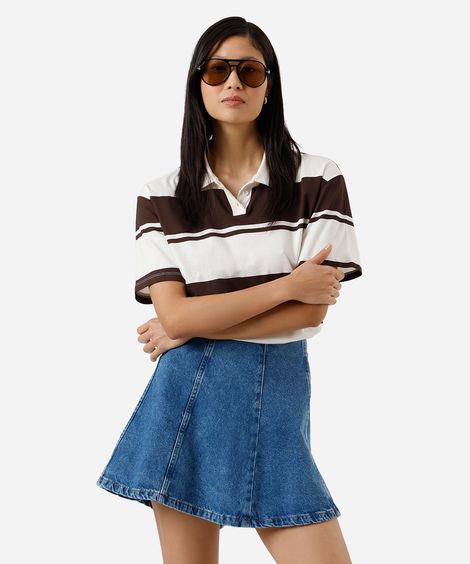 saia curta feminina jeans evasê com recortes azul