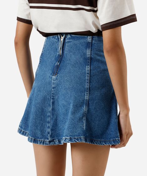 saia curta feminina jeans evasê com recortes azul