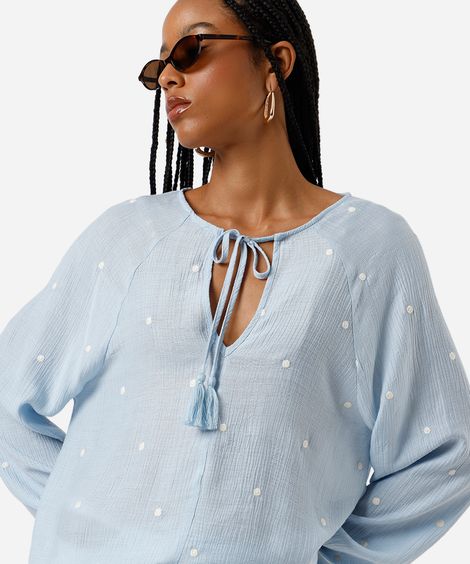 bata feminina com viscose bordado poá azul