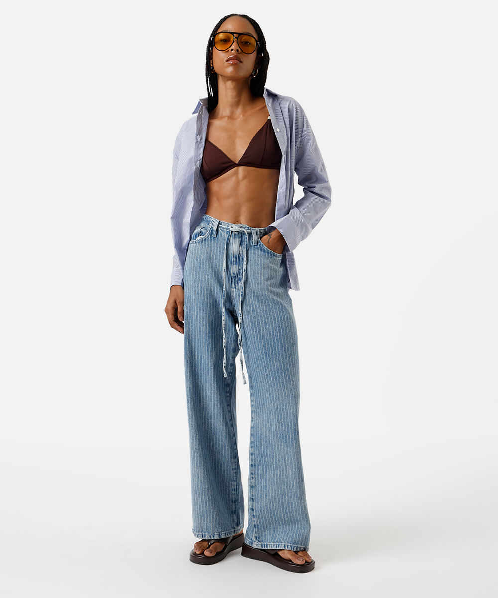 calça wide leg feminina jeans listrada azul