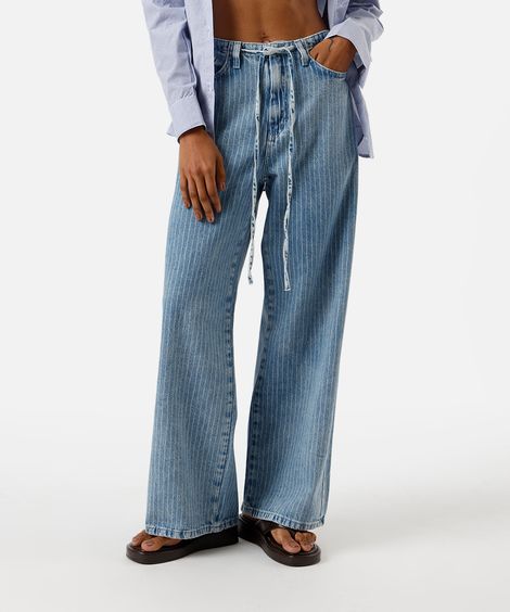 calça wide leg feminina jeans listrada azul