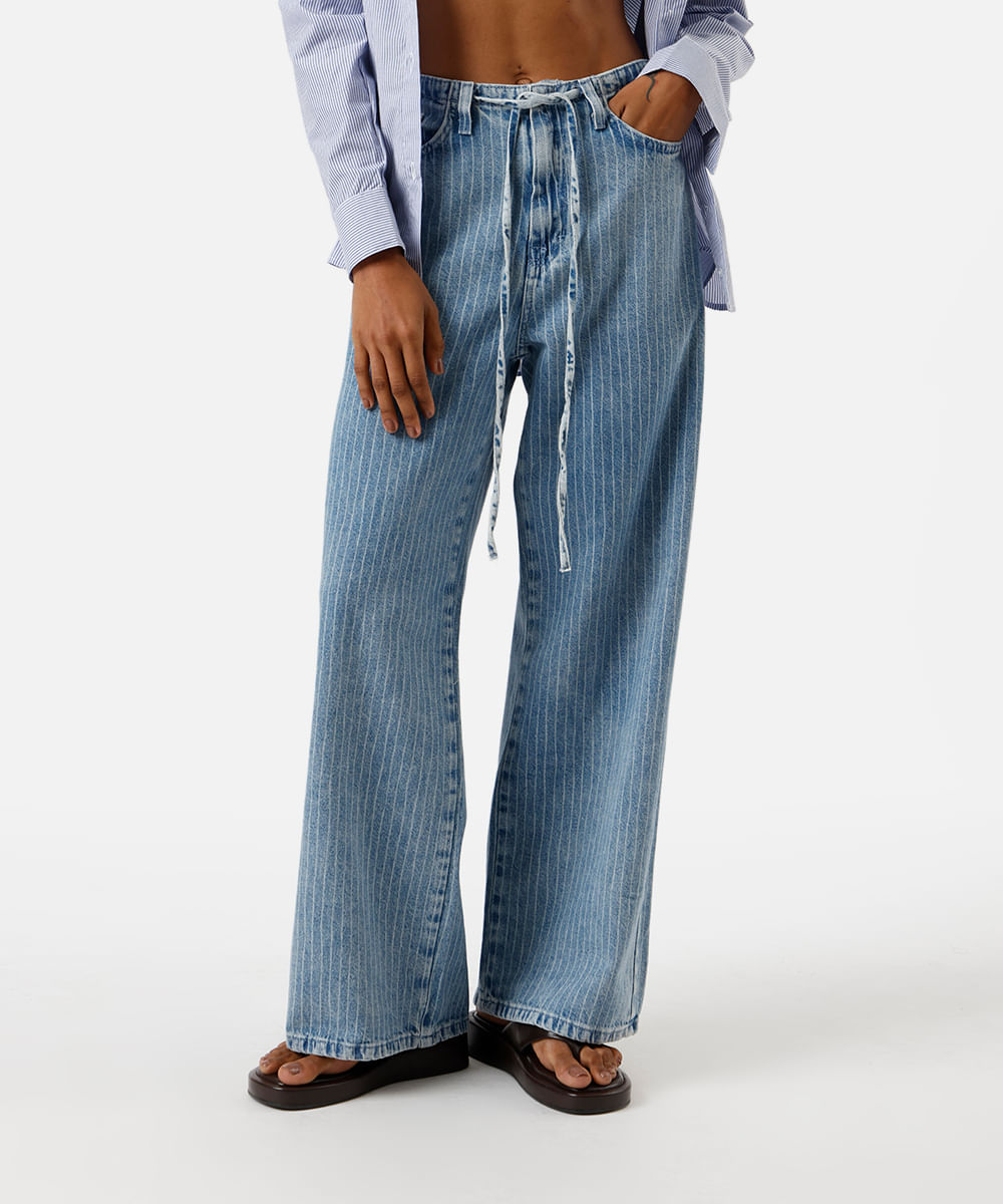 calça wide leg feminina jeans listrada azul