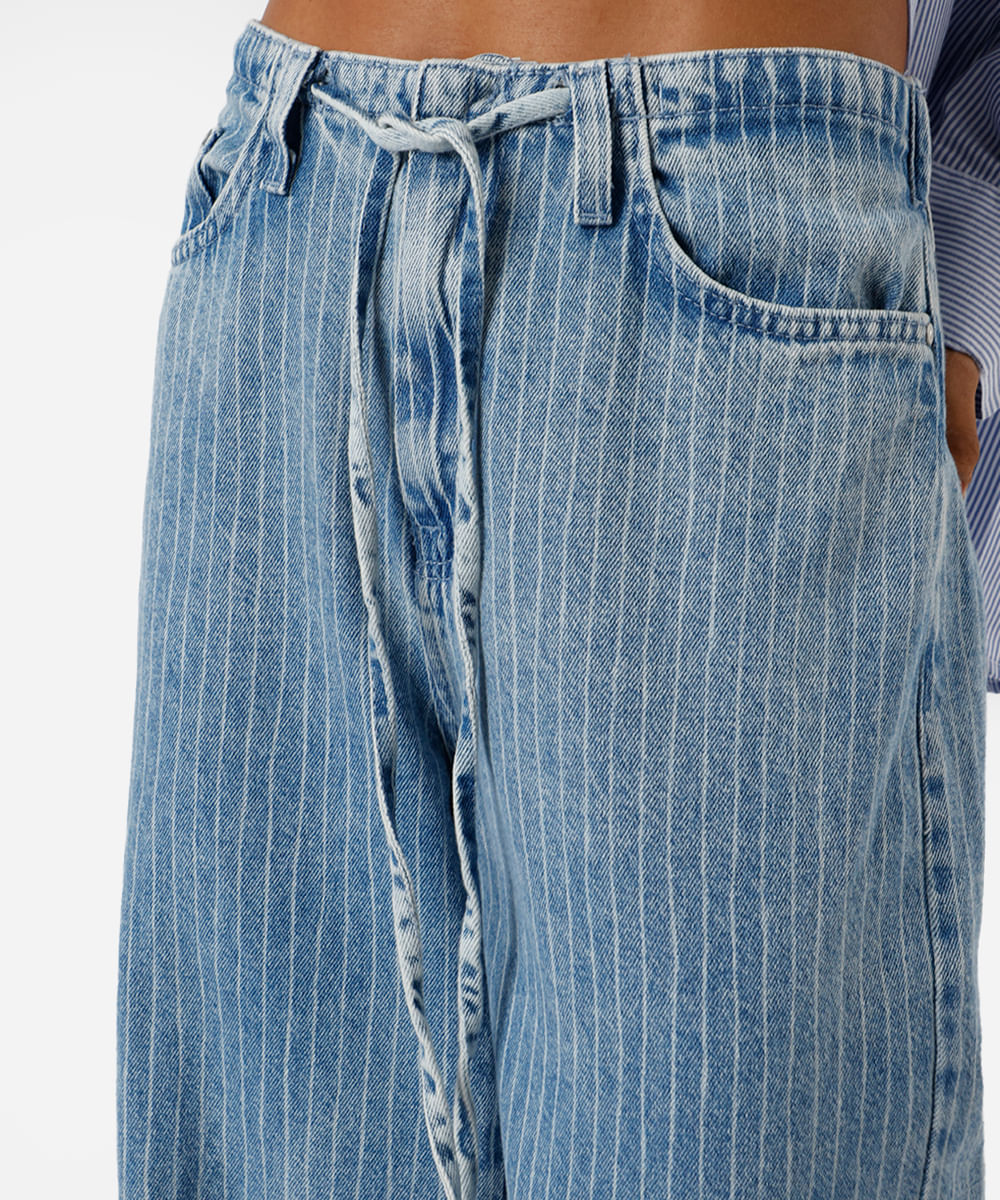 calça wide leg feminina jeans listrada azul