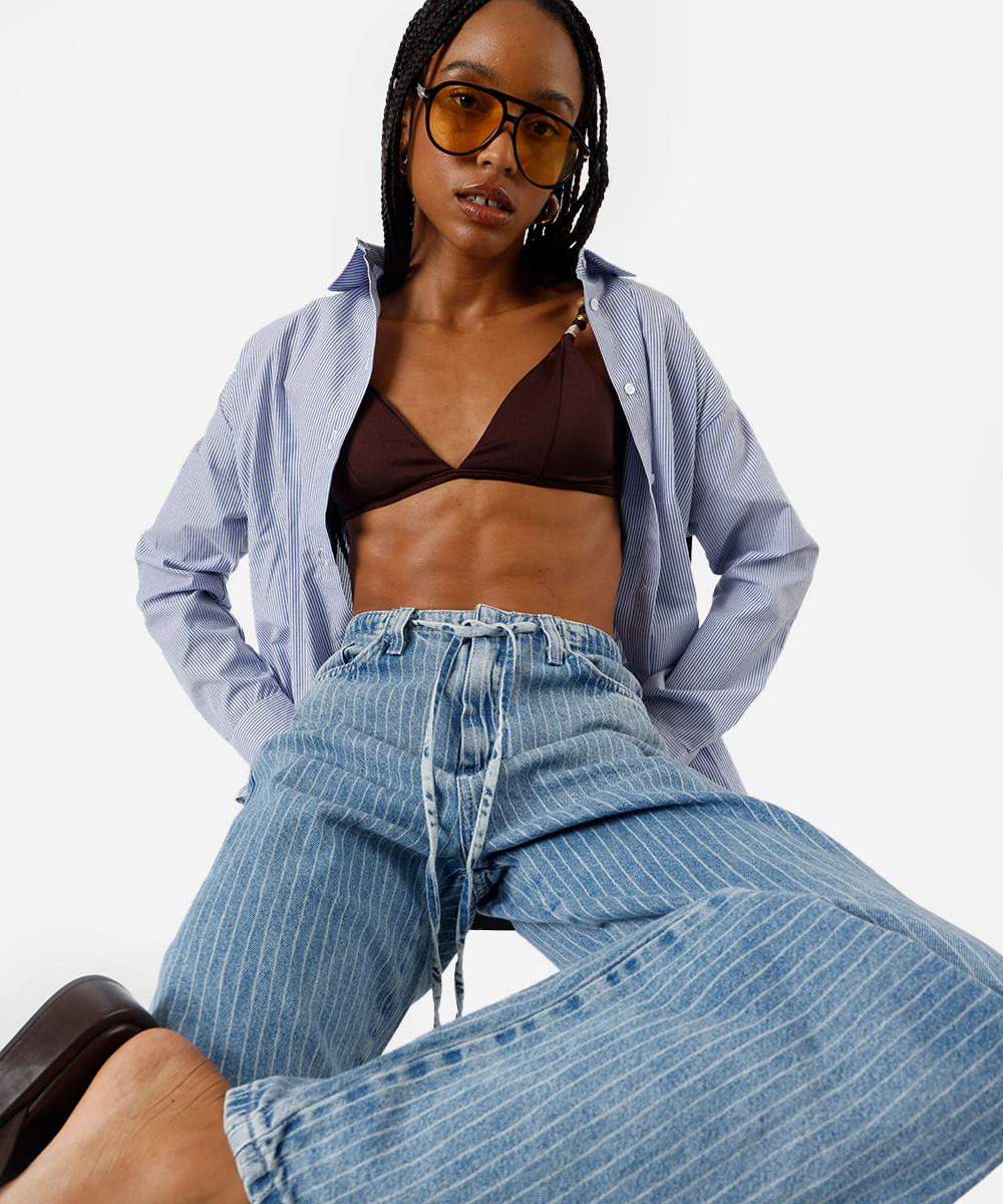 calça wide leg feminina jeans listrada azul