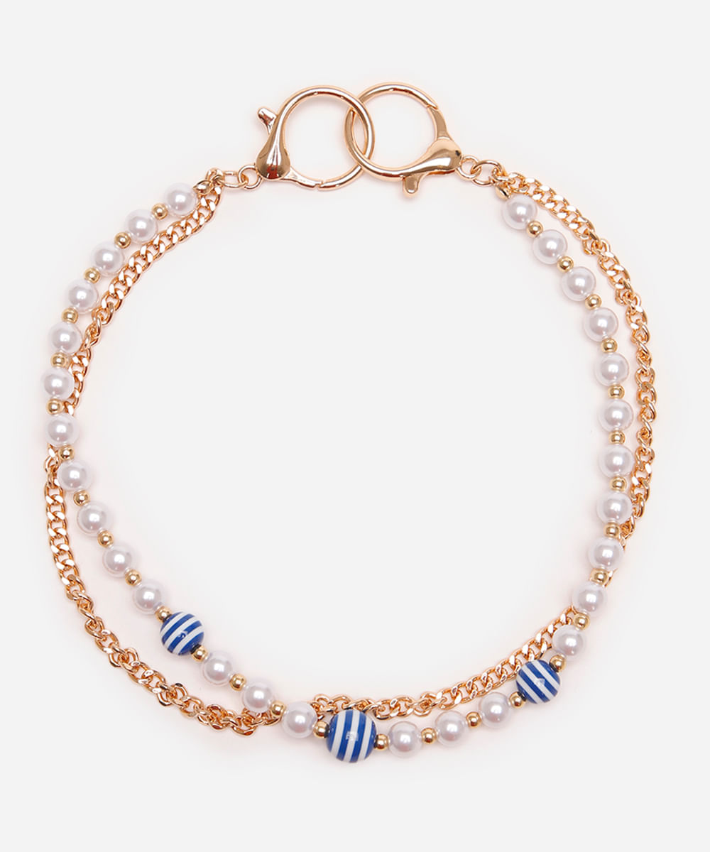 chaveiro bag charm com pérolas e corrente dourado