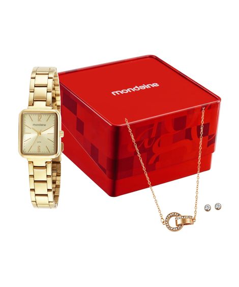kit relógio feminino mondaine analógico 32377lpmvde1kc dourado