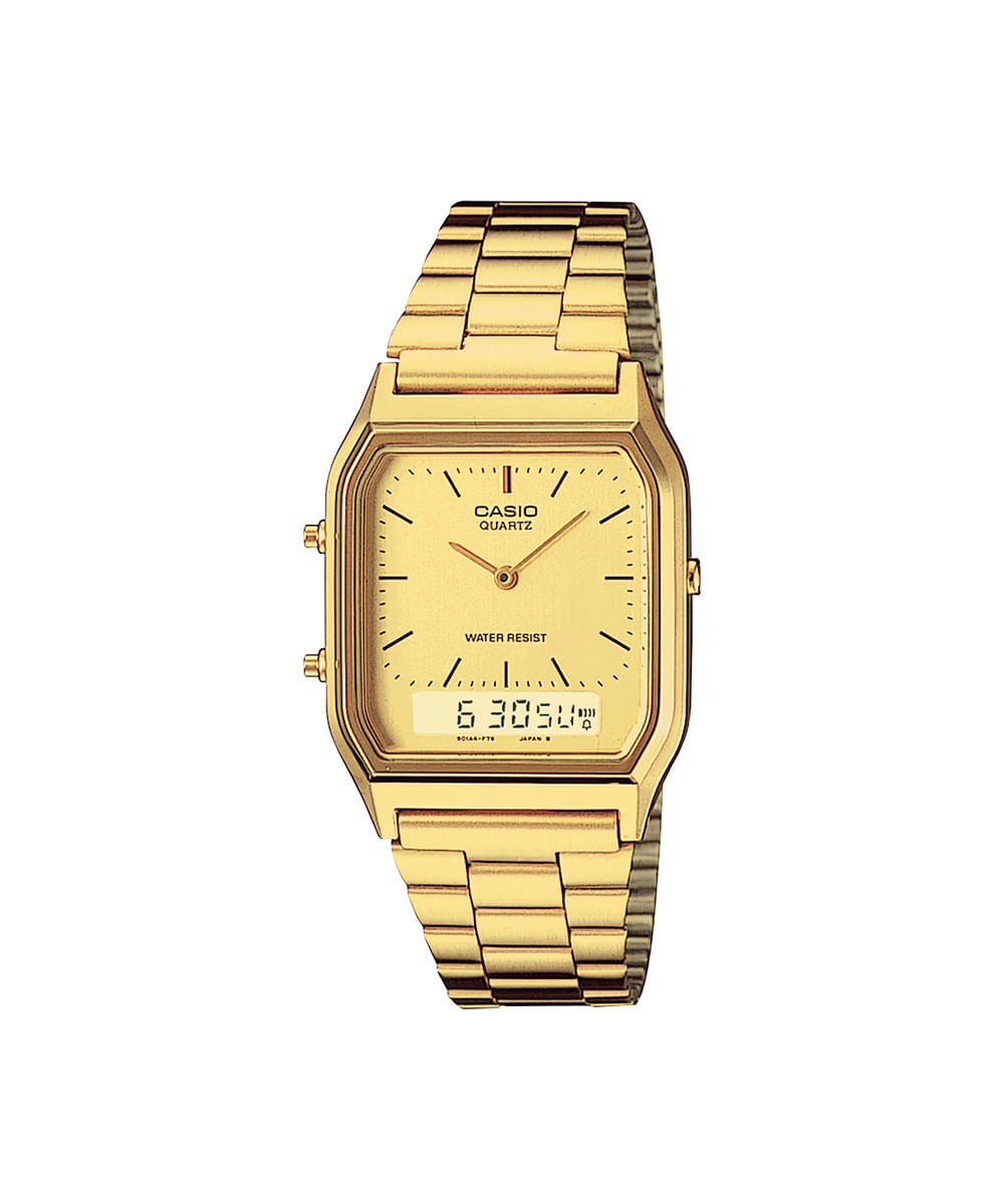 relógio feminino casio analógico digital aq 230ga 9dmq dourado