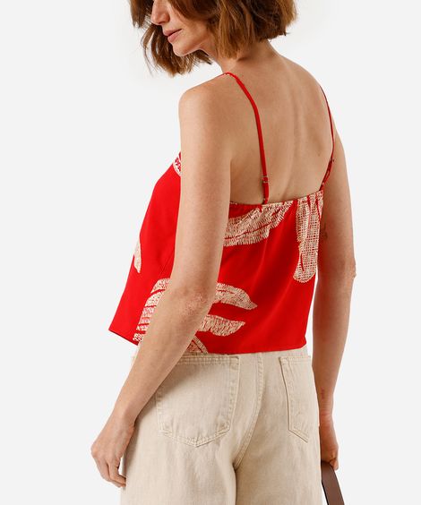 blusa feminina de viscose assimétrica folhagem vermelha