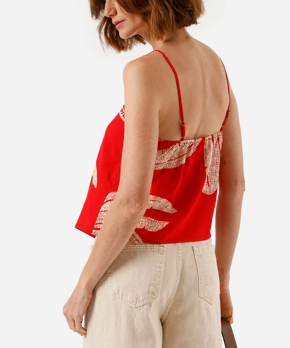 blusa feminina de viscose assimétrica folhagem vermelha