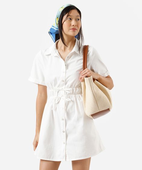 vestido curto chemise feminino de sarja manga curta franzido off white