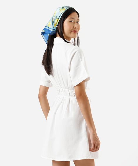 vestido curto chemise feminino de sarja manga curta franzido off white