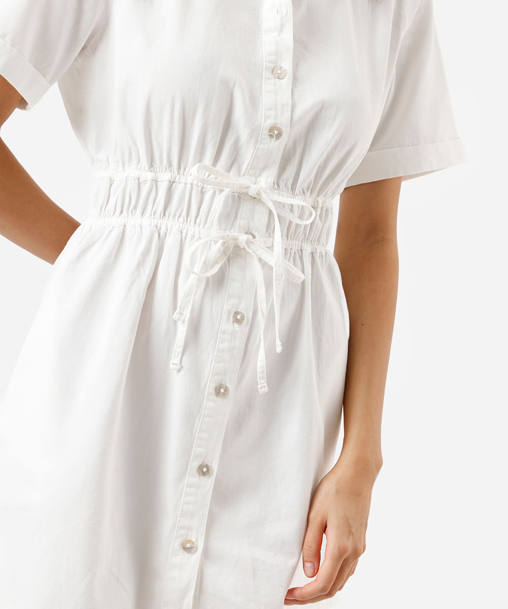 vestido curto chemise feminino de sarja manga curta franzido off white