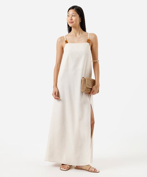 vestido longo alça fina feminino com linho e fenda bege