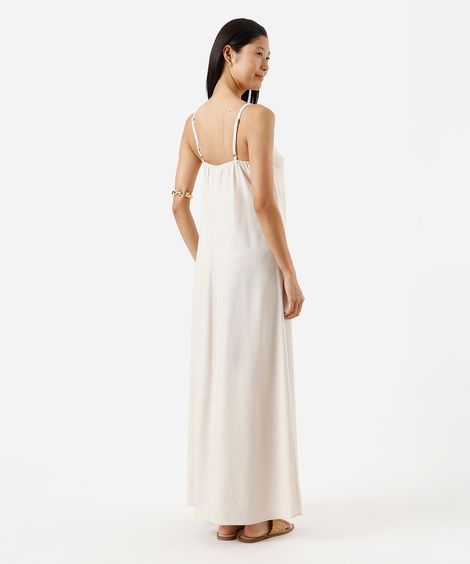 vestido longo alça fina feminino com linho e fenda bege