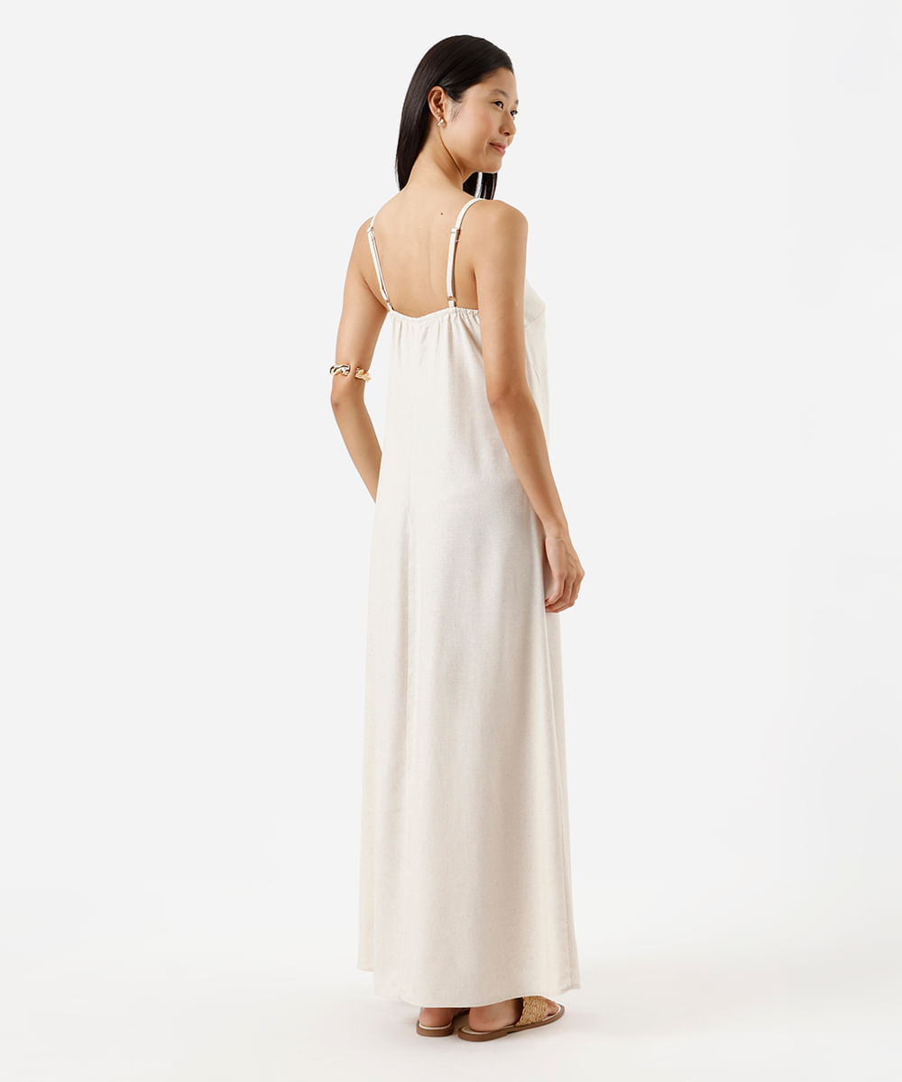 vestido longo alça fina feminino com linho e fenda bege