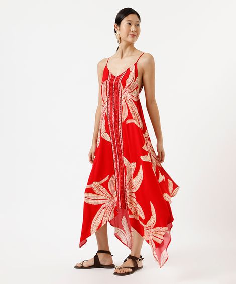 vestido midi alça fina feminino de viscose folhagens vermelho