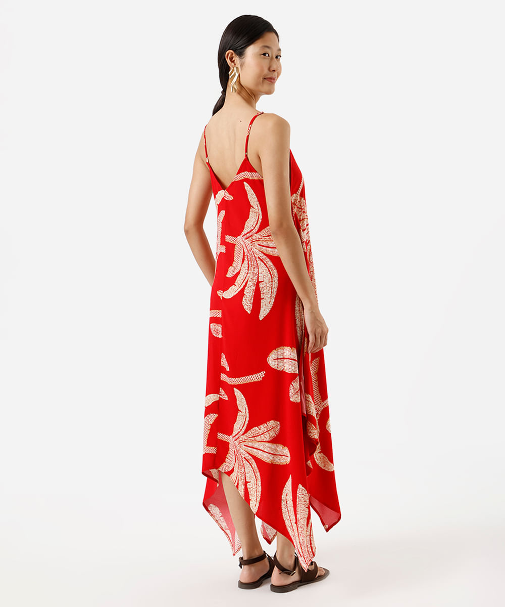 vestido midi alça fina feminino de viscose folhagens vermelho