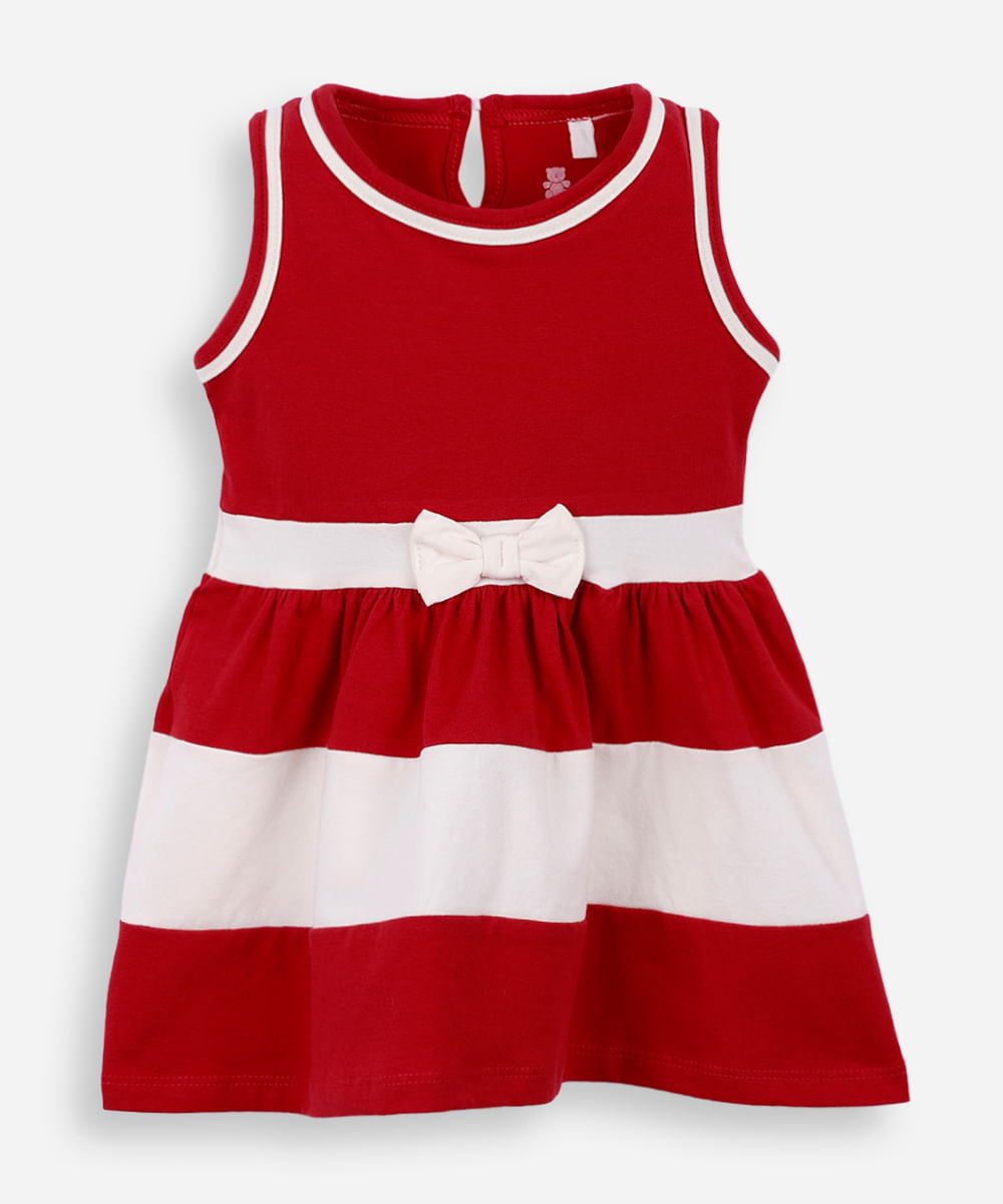 vestido infantil de algodão com recortes e laço vermelho