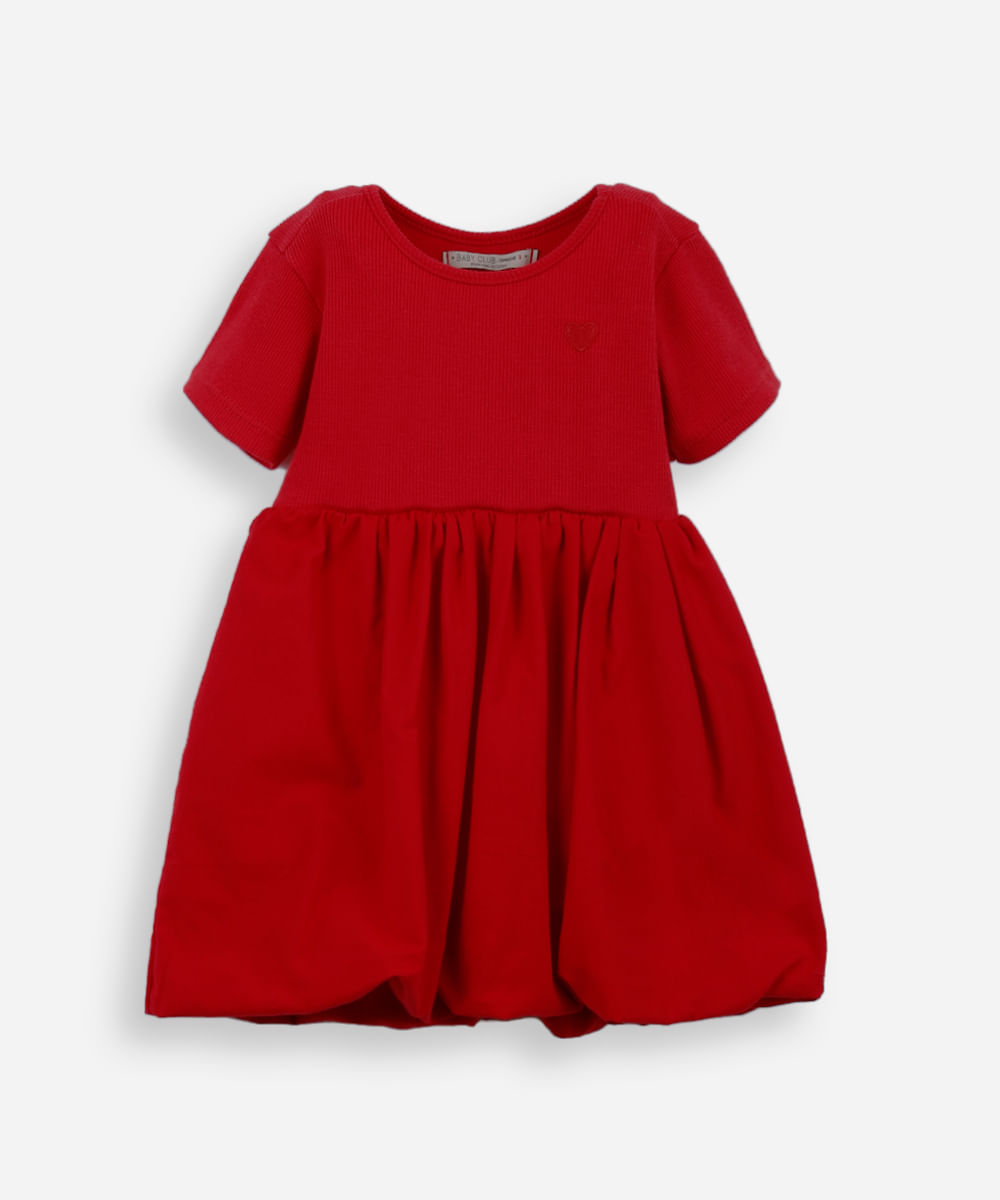 vestido balonê infantil de algodão bordado coração vermelho