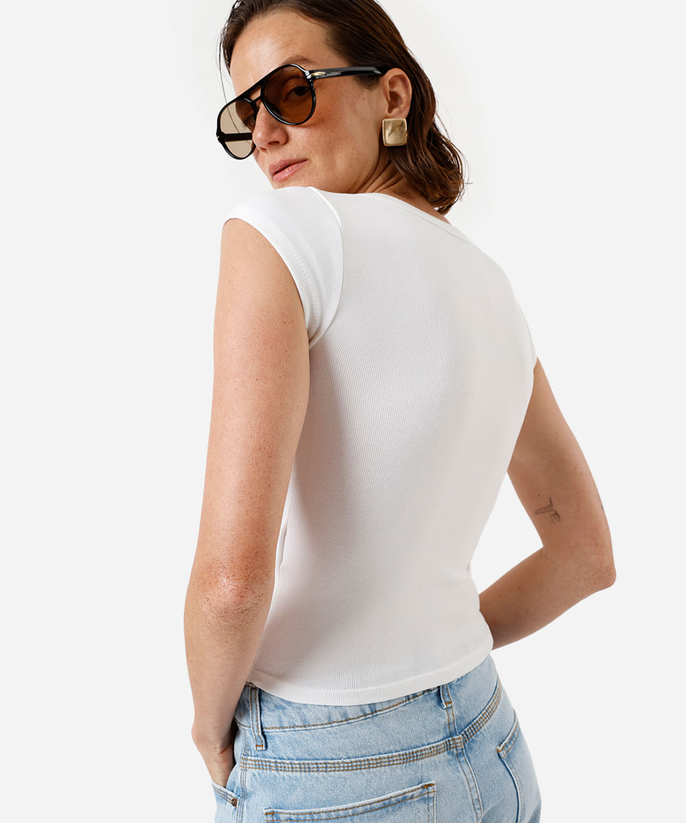 blusa baby look feminina de algodão canelada básica off white