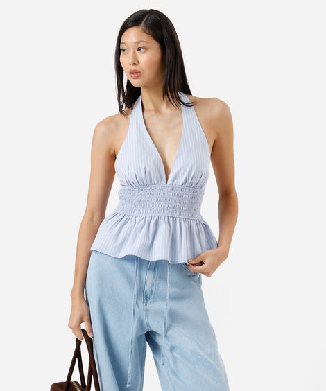 blusa peplum feminina de algodão frente única listrada azul