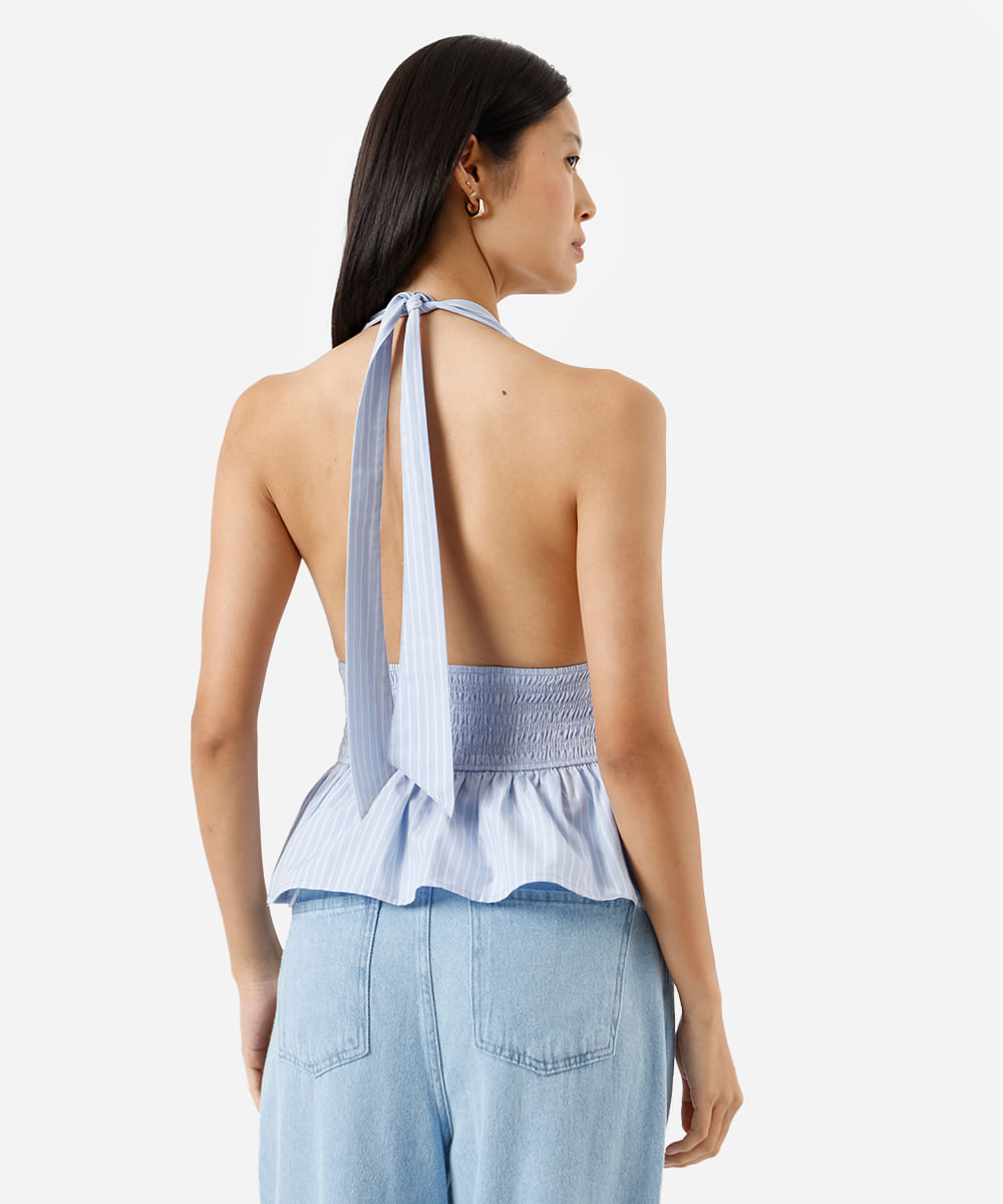 blusa peplum feminina de algodão frente única listrada azul