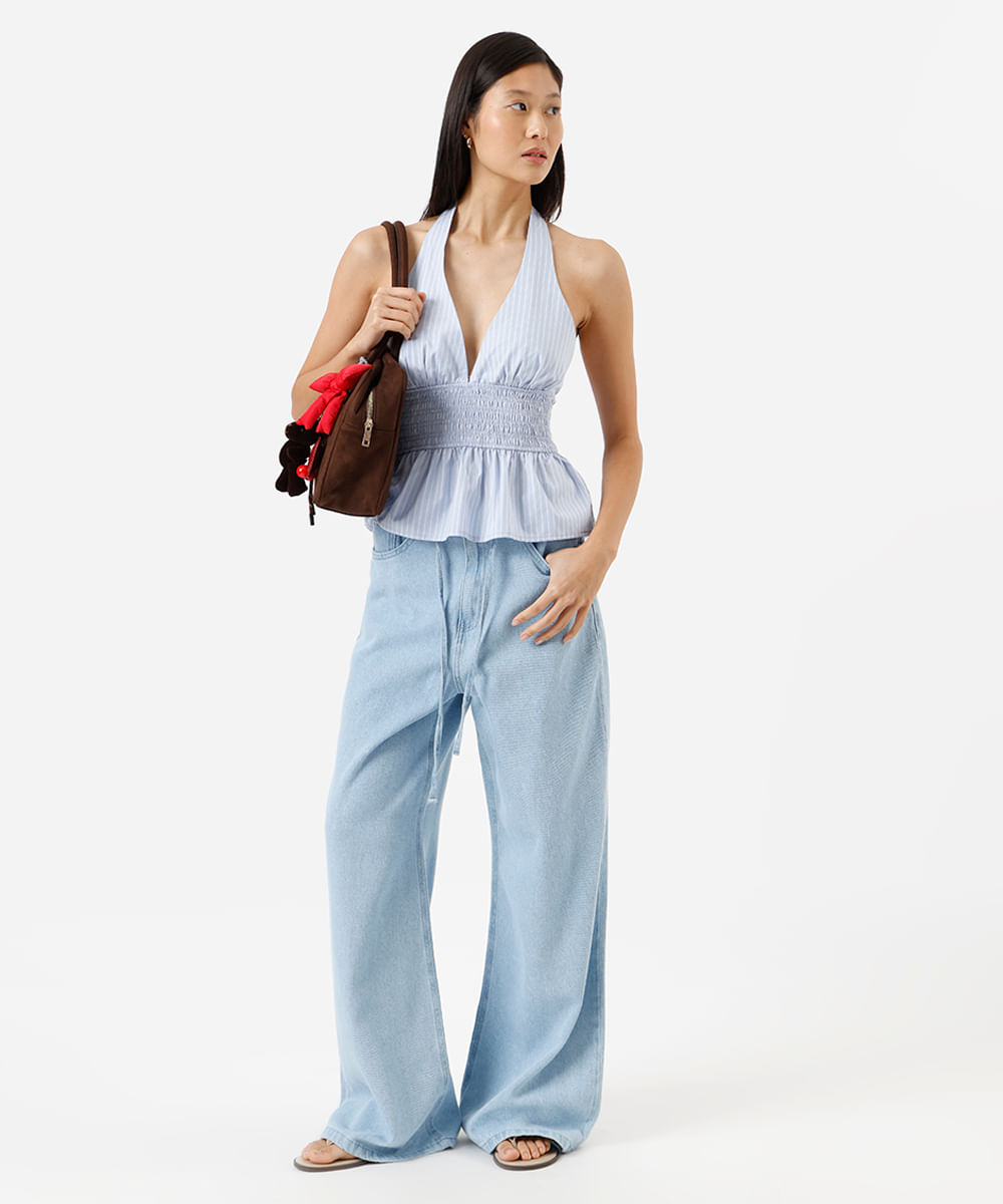 blusa peplum feminina de algodão frente única listrada azul