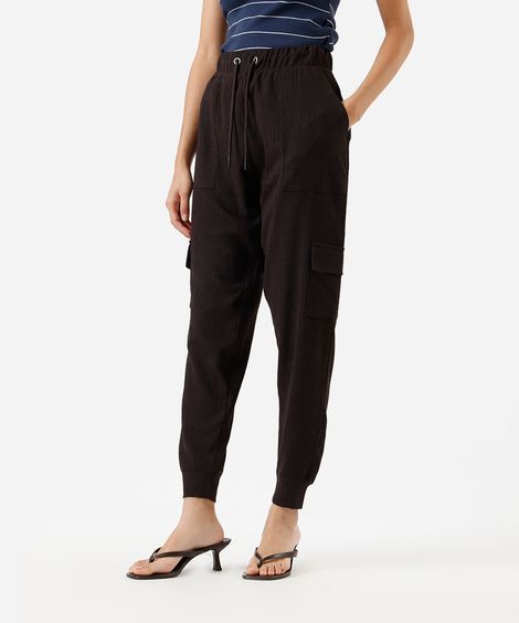calça jogger feminina bolsos cargo texturizada marrom