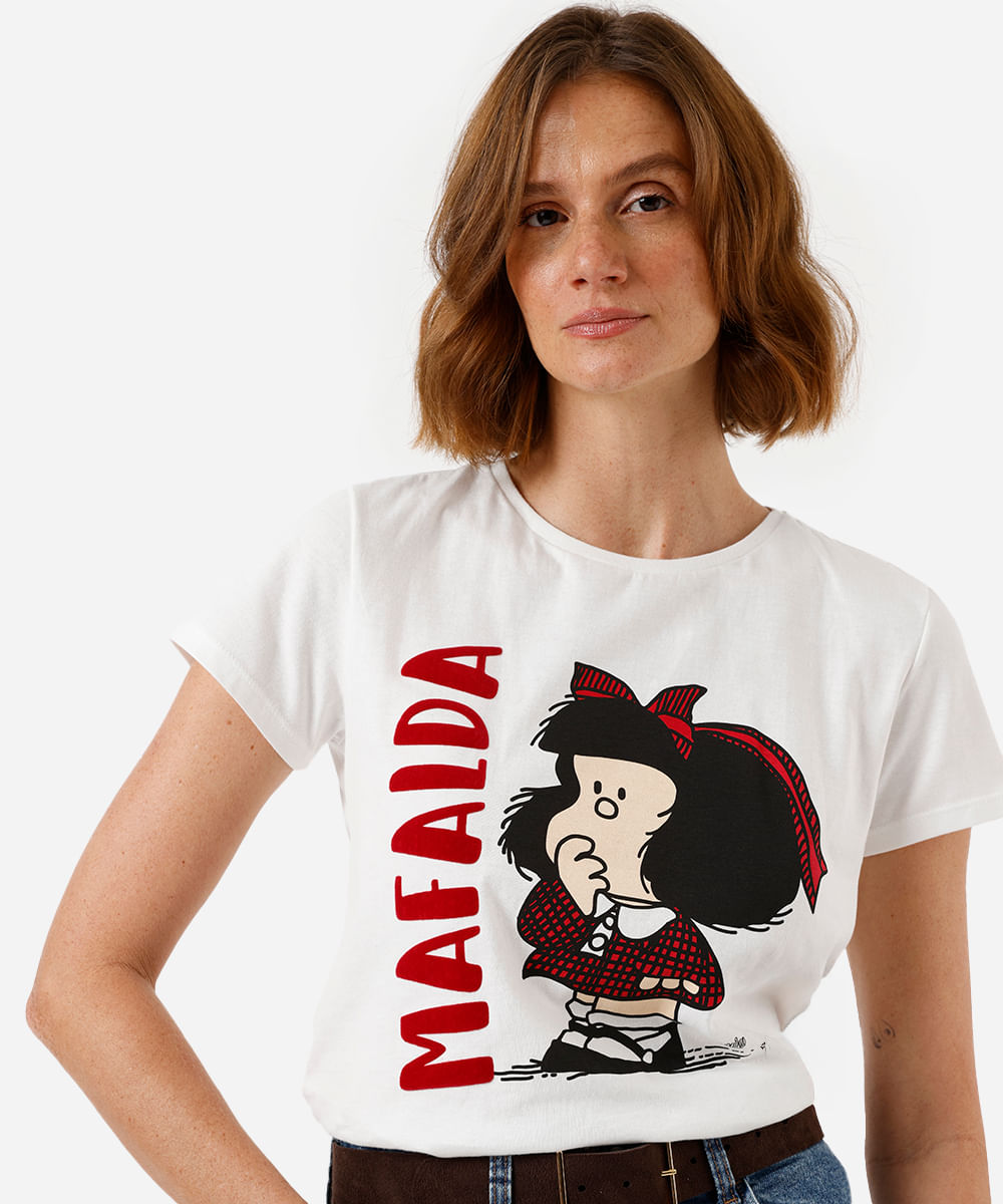camiseta feminina de algodão mafalda texturizada off white