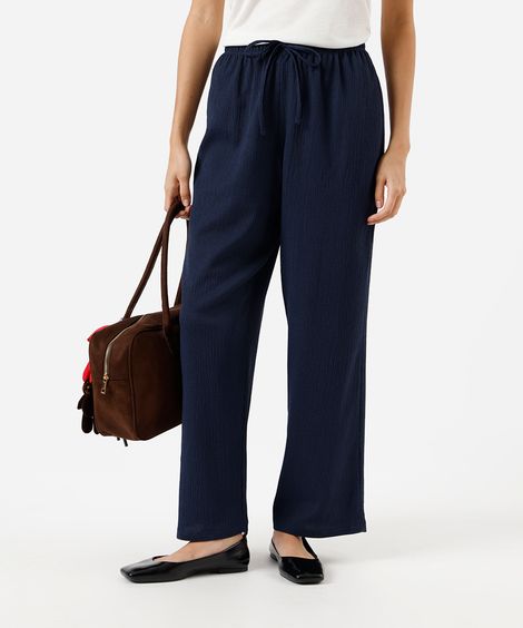 calça reta feminina cós com elástico texturizada azul