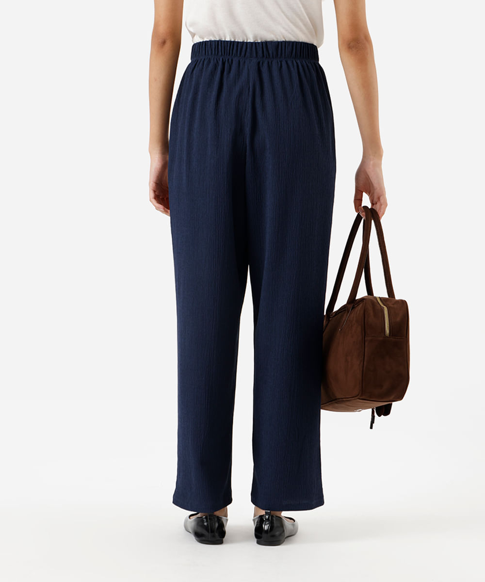 calça reta feminina cós com elástico texturizada azul