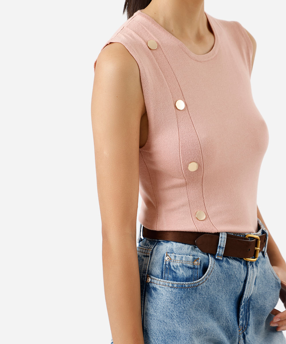 regata feminina de tricot com botões rosa
