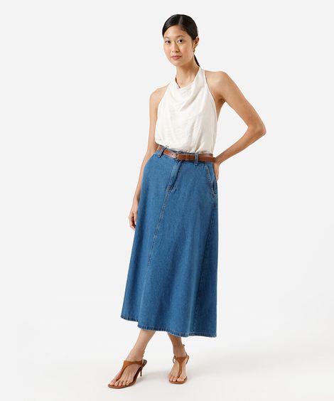 saia longa feminina jeans com cinto azul