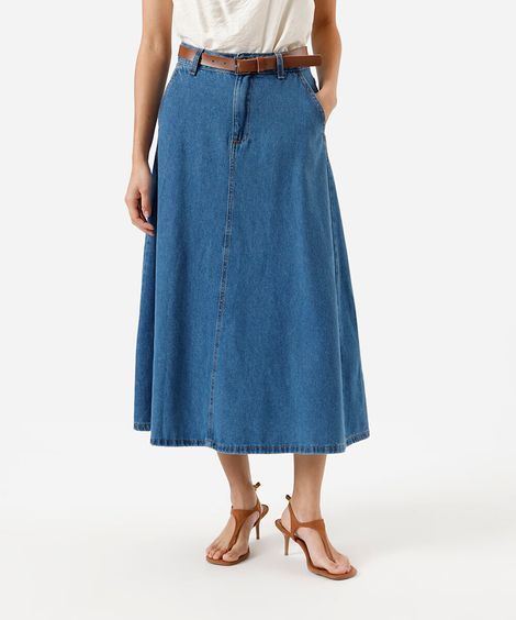 saia longa feminina jeans com cinto azul