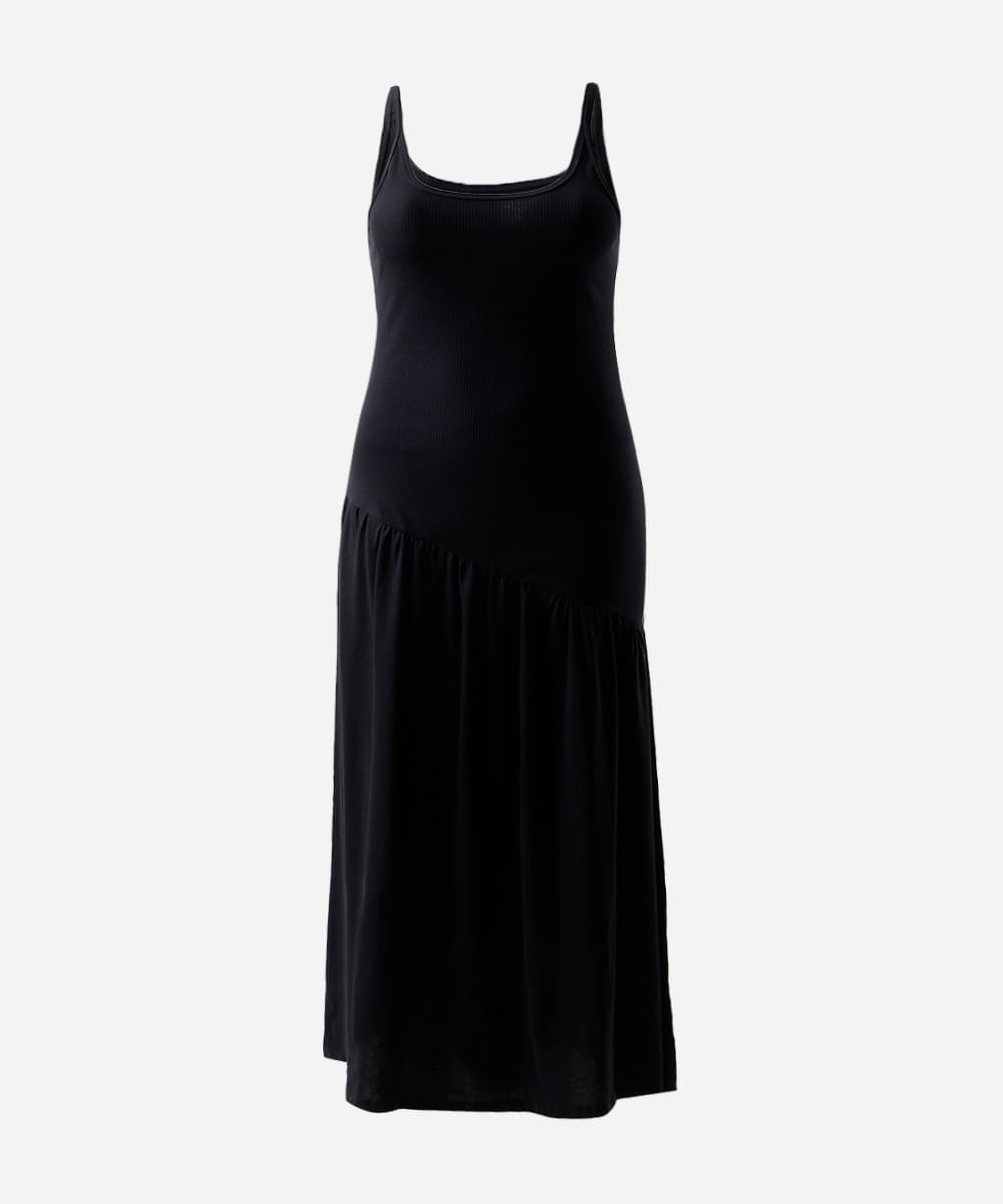 vestido longo feminino assimétrico canelado mindset plus size preto